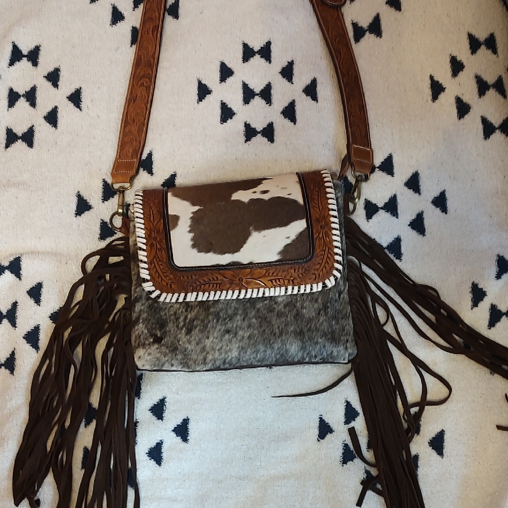 Myra Bag Brown and White Cowhide Fringe Crossbody
